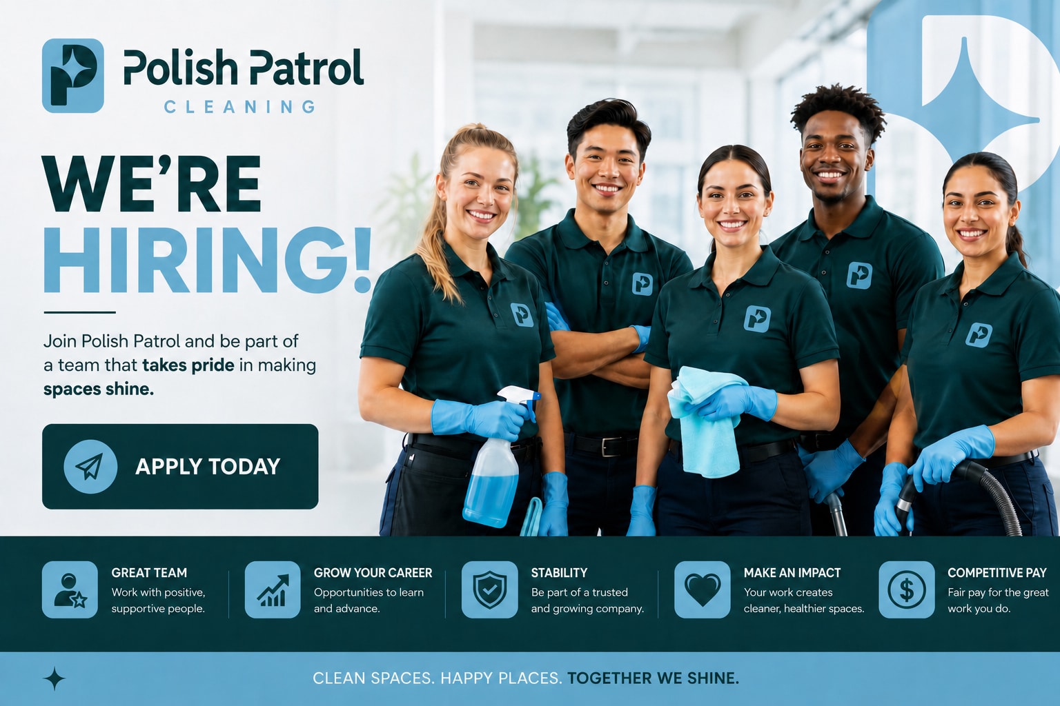 Polish Patrol Cleaning team hiring announcement with team benefits