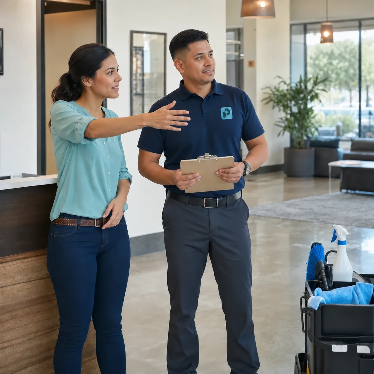 Cleaning supervisor and client reviewing priorities during a realistic commercial property walkthrough