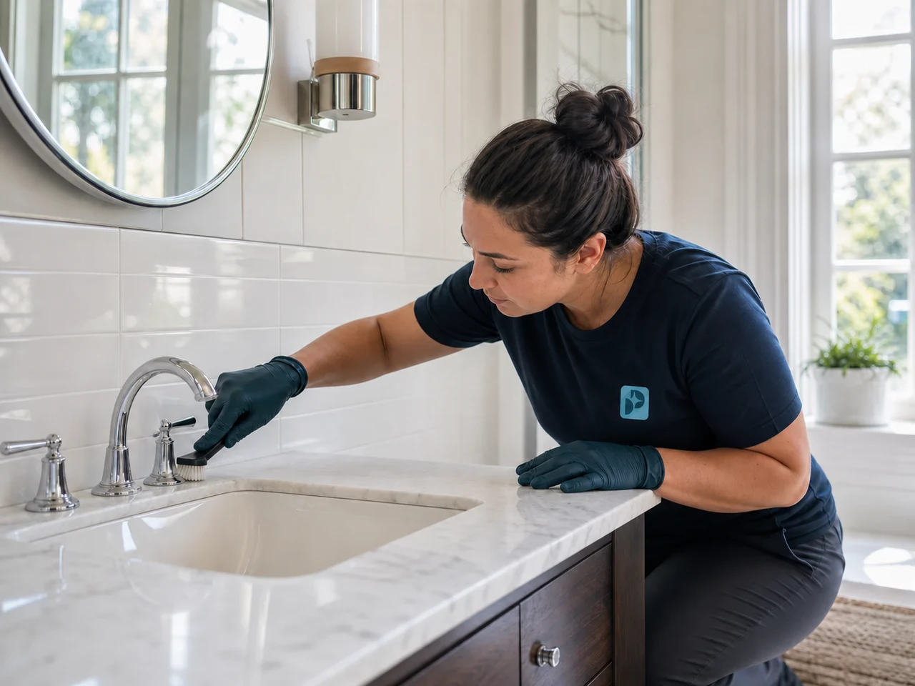 Professional Polish Patrol cleaner carefully detailing bathroom fixtures