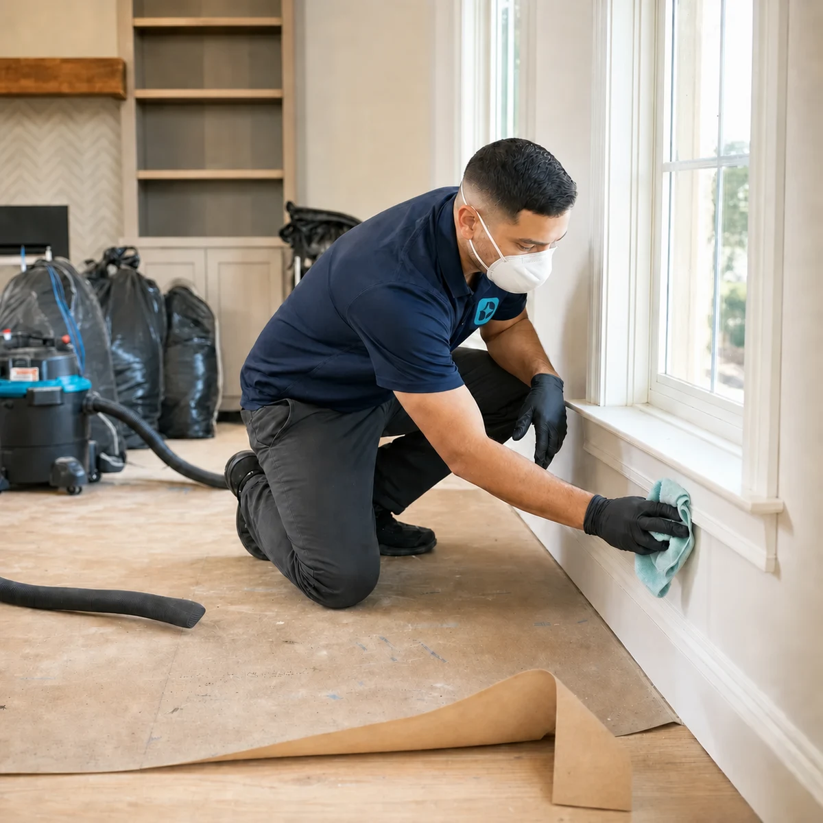 Professional cleaner safely wiping fine construction dust from trim in a newly renovated room